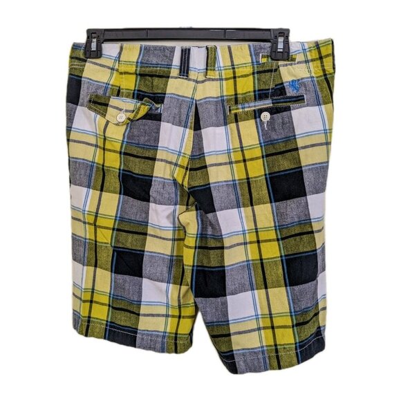 Rumors Mens Size 32 Shorts Flat Front Blue Yellow Plaid Brushed Cotton Pockets - Picture 2 of 4